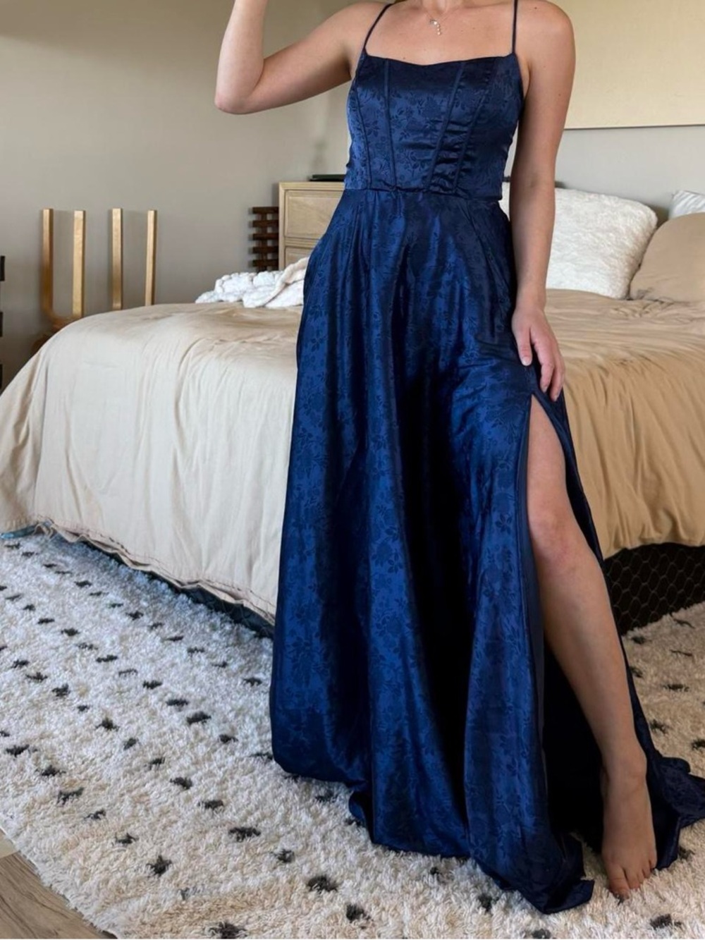 B Darlin Navy Blue Spaghetti Strap Prom Gown with Side Slit